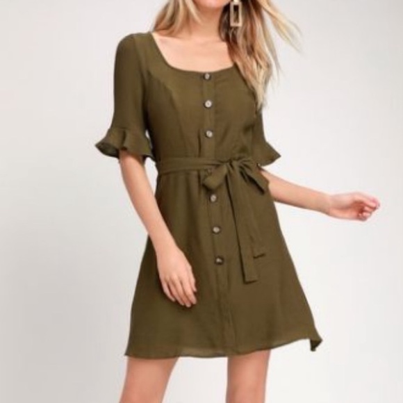 Olive Green Flounce Sleeve Dress - Picture 5 of 6
